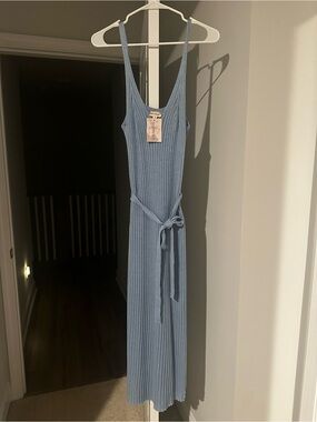 Hem & Thread Sky Blue Ribbed Midi Tank Dress with Self Tie
